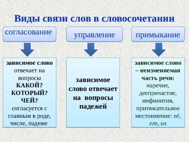 Виды связи слов в словосочетании согласование управление примыкание зависимое слово отвечает на вопросы КАКОЙ? КОТОРЫЙ? ЧЕЙ? зависимое слово отвечает на вопросы зависимое слово – неизменяемая часть речи: наречие, деепричастие, инфинитив, притяжательное местоимение: её, его, их согласуется с главным в роде, числе, падеже падежей 