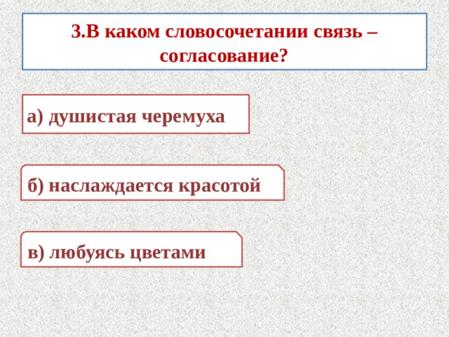 3.В каком словосочетании связь – согласование? а) душистая черемуха б) наслаждается красотой в) любуясь цветами 