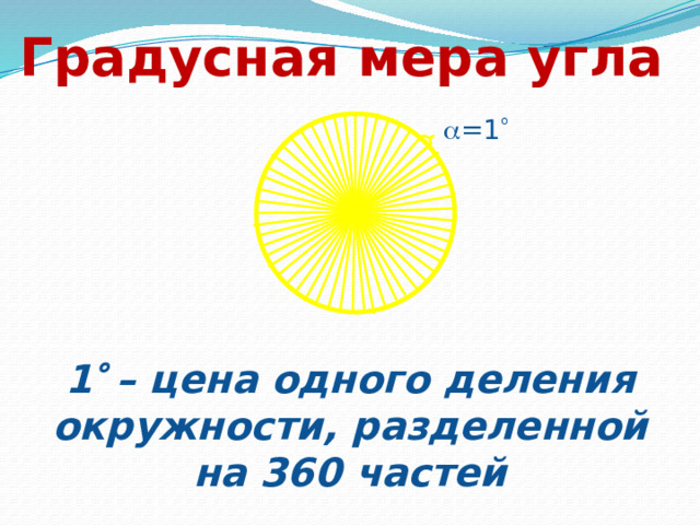 Градусная мера угла  =1  1  – цена одного деления окружности, разделенной на 360 частей 