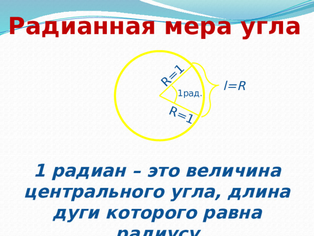 R=1 R=1 Радианная мера угла l=R 1рад. 1 радиан – это величина центрального угла, длина дуги которого равна радиусу 