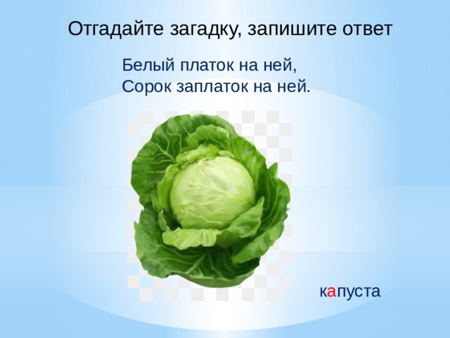 Отгадайте загадку, запишите ответ Белый платок на ней,  Сорок заплаток на ней. к а пуста 