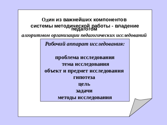         О д ин из важнейших компонентов системы методической работы - владение педагогом алгоритмом о рганизации педагогических исследований  Рабочий аппарат исследования:  п роблема исследования  тема исследования объект и п редмет исследования  гипотеза цель задачи методы исследования 