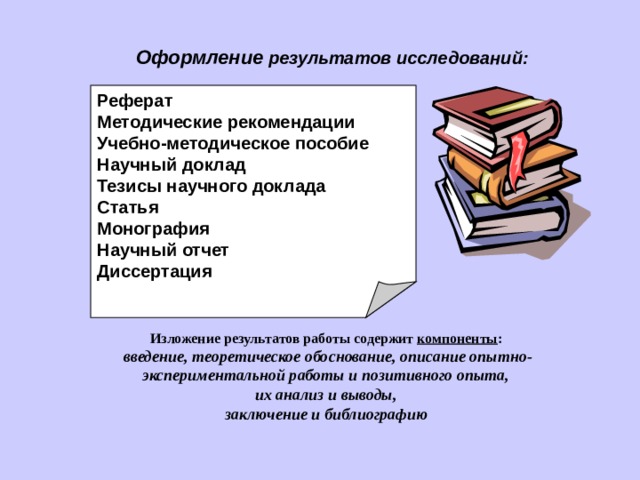 Оформление результатов исследований: Реферат Методические рекомендации Учебно-методическое пособие Научный доклад Тезисы научного доклада Статья Монография Научный отчет Диссертация И зложени е результатов работы содержит компоненты : введение, теоретическое обоснование, описание опытно-экспериментальной работы и п озитивн ого опыта, их анализ и выводы, заключение и библиографию  