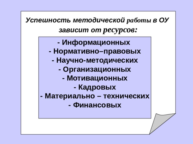        Успешность методической работы в ОУ зависит от ресурсов : - Информационных - Нормативно–правовых - Научно-методических - Организационных - Мотивационных - Кадровых - Материально – технических - Финансовых  
