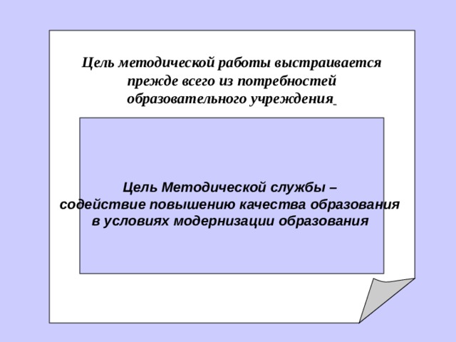    Цель методической работы  выстраивается прежде всего из  потребностей образовательного учреждения   Цель Методической службы  – содействие повышению качества образования в условиях модернизации образования  