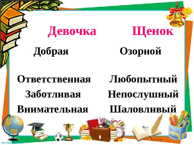  Девочка Щенок   Добрая Озорной  Ответственная Любопытный  Заботливая Непослушный  Внимательная Шаловливый 