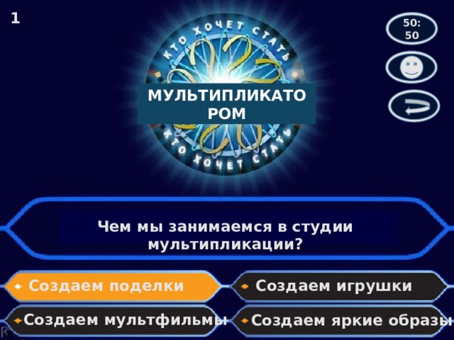 1 50:50 МУЛЬТИПЛИКАТОРОМ Чем мы занимаемся в студии мультипликации? Создаем поделки Создаем игрушки Создаем мультфильмы Создаем яркие образы 