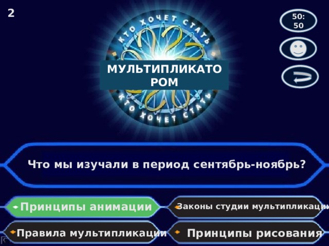 2 50:50 МУЛЬТИПЛИКАТОРОМ Что мы изучали в период сентябрь-ноябрь? Принципы анимации Законы студии мультипликации Принципы рисования Правила мультипликации 