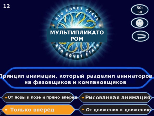 12 50:50 МУЛЬТИПЛИКАТОРОМ Принцип анимации, который разделил аниматоров на фазовщиков и компановщиков Рисованная анимация От позы к позе и прямо вперед Только вперед От движения к движению 