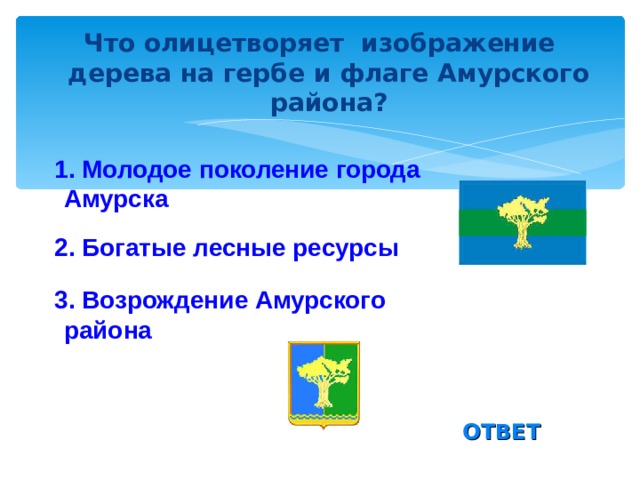 Что олицетворяет изображение дерева на гербе и флаге Амурского района?  1. Молодое поколение города Амурска 2. Богатые лесные ресурсы 3. Возрождение Амурского района ОТВЕТ 