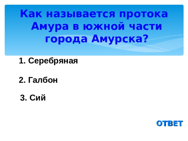 Как называется протока Амура в южной части города Амурска? 1. Серебряная 2. Галбон  3. Сий ОТВЕТ 