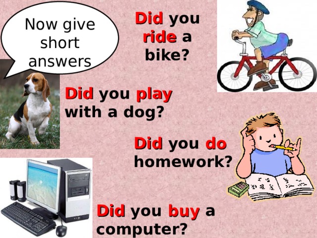 Now give short answers Did you ride a bike? Did you play  with a dog? Did you do homework? Did you buy a computer? 