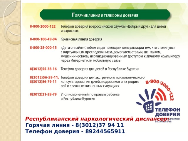 Республиканский наркологический диспансер:  Горячая линия - 8(3012)37 94 11  Телефон доверия - 89244565911 