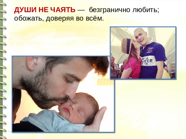ДУШИ НЕ ЧАЯТЬ  — безгранично любить; обожать, доверяя во всём.  