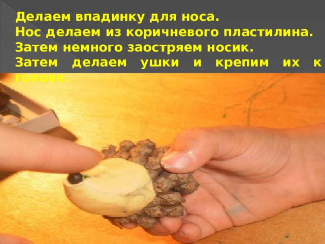 Делаем впадинку для носа. Нос делаем из коричневого пластилина. Затем немного заостряем носик. Затем делаем ушки и крепим их к голове.  