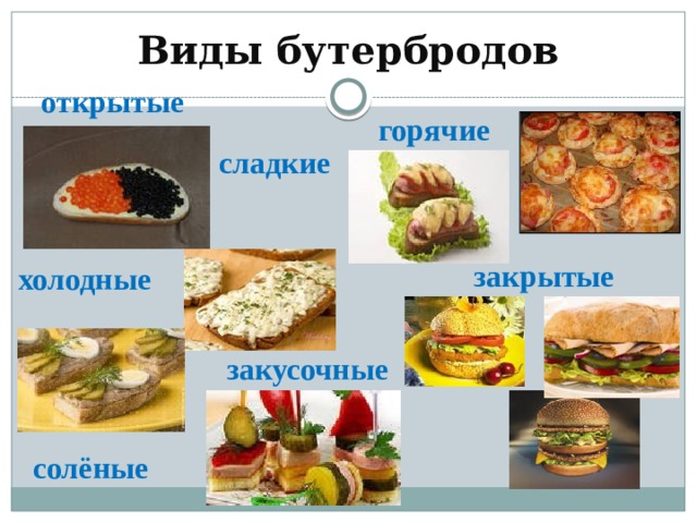 Виды бутербродов открытые горячие сладкие закрытые холодные закусочные солёные 