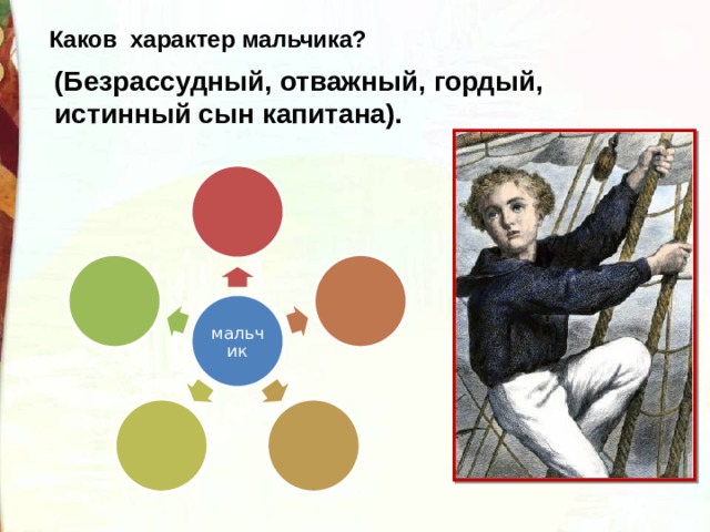 Каков  характер мальчика? (Безрассудный, отважный, гордый, истинный сын капитана). мальчик 