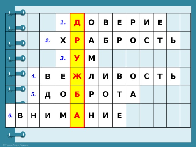 1. 2. Д 6. 4. Х 3. 5. В В О Р Н Д В Е А У И О Е Ж М Б М Р Р Б Л И О А Р И Е Н С В О О И Т Т А С Ь Е Т Ь 