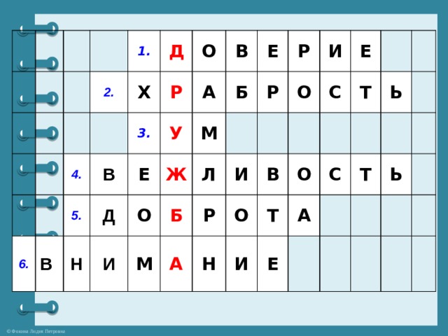 1. 2. Д 6. 4. Х 3. 5. В В О Р Н Д В Е А У И О Е Ж М Б М Р Р Б Л И О А Р И Е Н С В О О И Т Т А С Ь Е Т Ь 