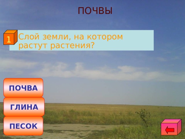 ПОЧВЫ 1  Слой земли, на котором растут растения? ПОЧВА ГЛИНА ПЕСОК 