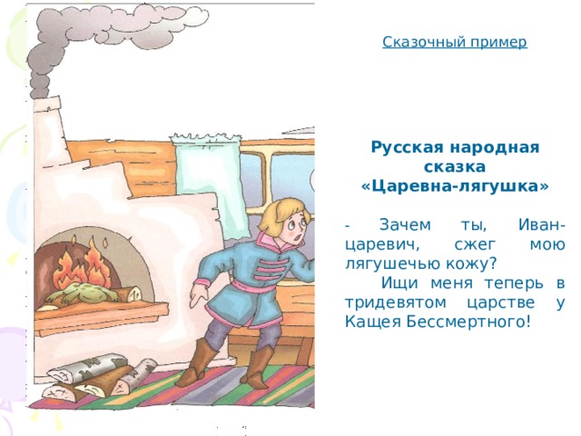 Сказочный пример  Русская народная сказка «Царевна-лягушка»  - Зачем ты, Иван-царевич, сжег мою лягушечью кожу?  Ищи меня теперь в тридевятом царстве у Кащея Бессмертного! 