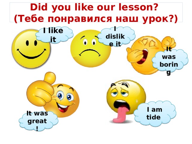 Did you like our lesson?  (Тебе понравился наш урок?) I like it I dislike it It was boring  I am tide It was great! 