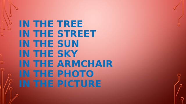 In the tree  in the street  in the sun  in the sky  in the armchair  in the photo  in the picture 