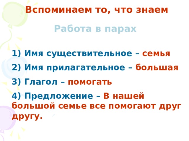Вспоминаем то, что знаем Работа в парах 1) Имя существительное – семья 2) Имя прилагательное – большая 3) Глагол – помогать 4) Предложение – В нашей большой семье все помогают друг другу. 