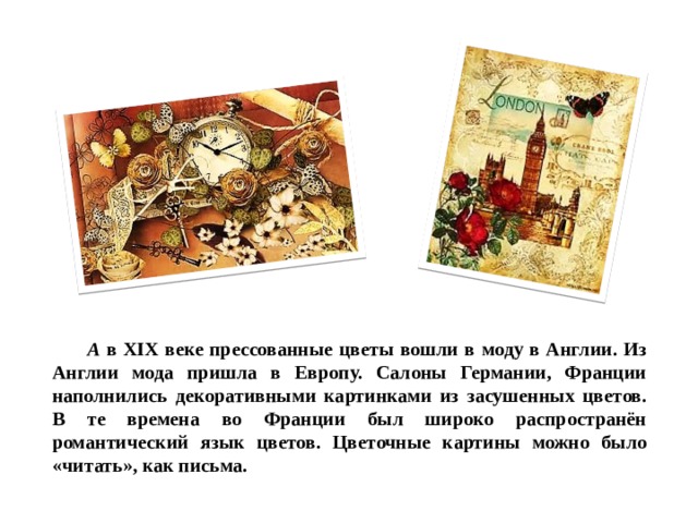 А в XIX веке прессованные цветы вошли в моду в Англии. Из Англии мода пришла в Европу. Салоны Германии, Франции наполнились декоративными картинками из засушенных цветов. В те времена во Франции был широко распространён романтический язык цветов. Цветочные картины можно было «читать», как письма. 