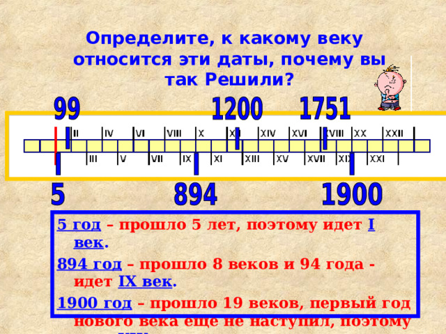  Определите, к какому веку относится эти даты, почему вы так Решили? 5 год  – прошло 5 лет, поэтому идет  I век . 894 год  – прошло 8 веков и 94 года - идет IX век . 1900 год  – прошло 19 веков, первый год нового века еще не наступил, поэтому идет XIX век . 