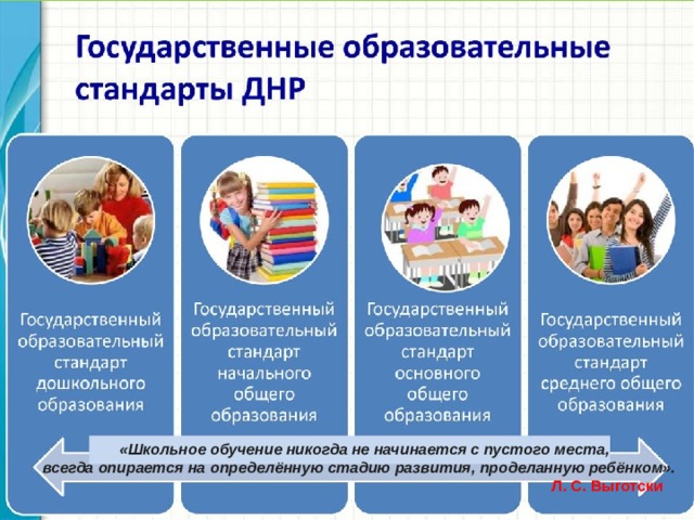  «Школьное обучение никогда не начинается с пустого места, всегда опирается на определённую стадию развития, проделанную ребёнком».  Л. С. Выготски 