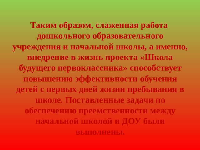     Таким образом, слаженная работа дошкольного образовательного учреждения и начальной школы, а именно, внедрение в жизнь проекта «Школа будущего первоклассника» способствует повышению эффективности обучения детей с первых дней жизни пребывания в школе. Поставленные задачи по обеспечению преемственности между начальной школой и ДОУ были выполнены.        