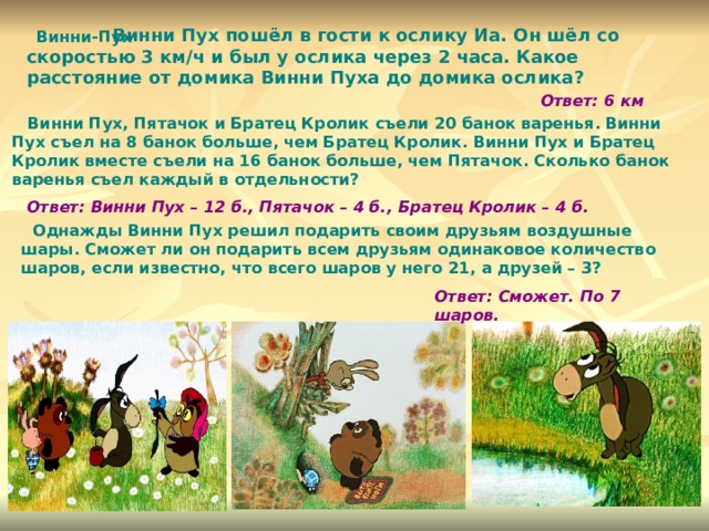  Винни Пух пошёл в гости к ослику Иа. Он шёл со скоростью 3 км/ч и был у ослика через 2 часа. Какое расстояние от домика Винни Пуха до домика ослика?   Винни-Пух Ответ: 6 км  Винни Пух, Пятачок и Братец Кролик съели 20 банок варенья. Винни Пух съел на 8 банок больше, чем Братец Кролик. Винни Пух и Братец Кролик вместе съели на 16 банок больше, чем Пятачок. Сколько банок варенья съел каждый в отдельности? Ответ: Винни Пух – 12 б., Пятачок – 4 б., Братец Кролик – 4 б.  Однажды Винни Пух решил подарить своим друзьям воздушные шары. Сможет ли он подарить всем друзьям одинаковое количество шаров, если известно, что всего шаров у него 21, а друзей – 3?  Ответ: Сможет. По 7 шаров. 