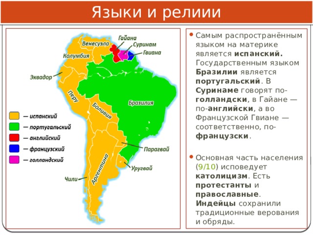 Языки и релиии Самым распространённым языком на материке является испанский. Государственным языком Бразилии является португальский . В Суринаме говорят по- голландски , в Гайане — по- английски , а во Французской Гвиане — соответственно, по- французски . Основная часть населения ( 9/10 ) исповедует католицизм . Есть протестанты и православные . Индейцы сохранили традиционные верования и обряды. 