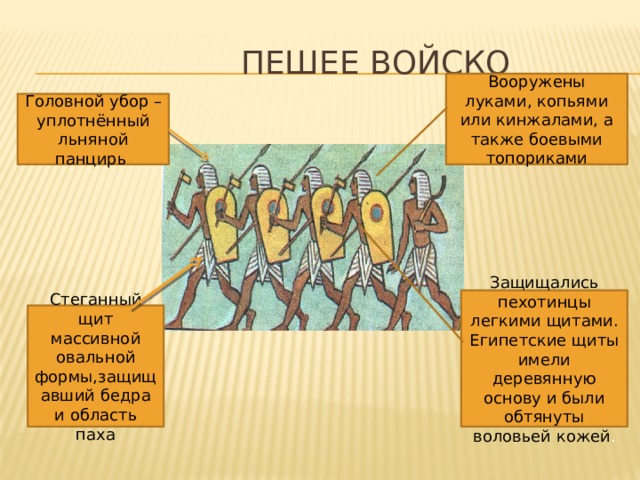  Пешее войско Вооружены луками, копьями или кинжалами, а также боевыми топориками Головной убор – уплотнённый льняной панцирь Защищались пехотинцы легкими щитами. Египетские щиты имели деревянную основу и были обтянуты воловьей кожей . Стеганный щит массивной овальной формы,защищавший бедра и область паха 
