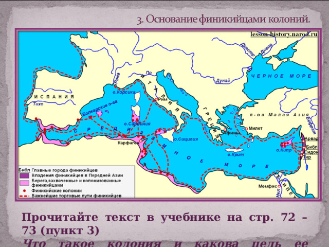 Прочитайте текст в учебнике на стр. 72 – 73 (пункт 3) Что такое колония и какова цель ее основания? 
