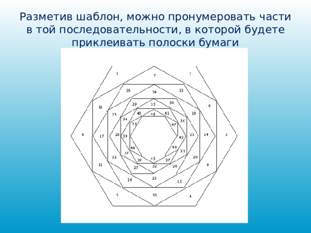 Разметив шаблон, можно пронумеровать части в той последовательности, в которой будете приклеивать полоски бумаги 