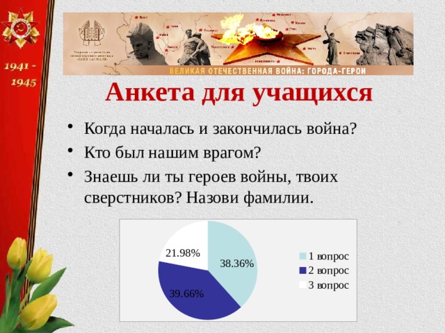  Анкета для учащихся Когда началась и закончилась война? Кто был нашим врагом? Знаешь ли ты героев войны, твоих сверстников? Назови фамилии. 