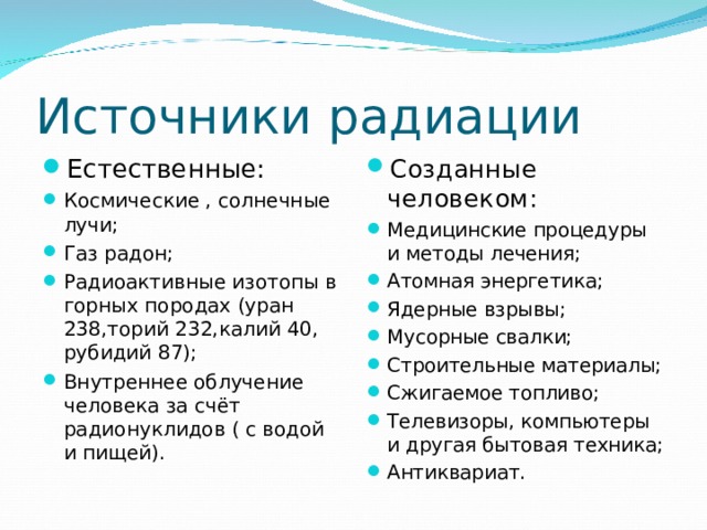 Источники радиации Естественные: Космические , солнечные лучи; Газ радон; Радиоактивные изотопы в горных породах (уран 238,торий 232,калий 40, рубидий 87); Внутреннее облучение человека за счёт радионуклидов ( с водой и пищей). Созданные человеком: Медицинские процедуры и методы лечения; Атомная энергетика; Ядерные взрывы; Мусорные свалки; Строительные материалы; Сжигаемое топливо; Телевизоры, компьютеры и другая бытовая техника; Антиквариат. 