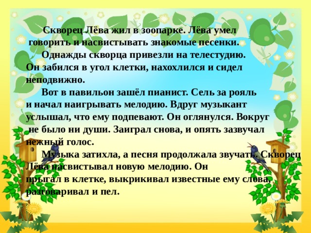  Скворец Лёва жил в зоопарке. Лёва умел  говорить и насвистывать знакомые песенки.   Однажды скворца привезли на телестудию.  Он забился в угол клетки, нахохлился и сидел неподвижно.   Вот в павильон зашёл пианист. Сель за рояль  и начал наигрывать мелодию. Вдруг музыкант  услышал, что ему подпевают. Он оглянулся. Вокруг  не было ни души. Заиграл снова, и опять зазвучал нежный голос.   Музыка затихла, а песня продолжала звучать. Скворец Лёва насвистывал новую мелодию. Он  прыгал в клетке, выкрикивал известные ему слова, разговаривал и пел.   