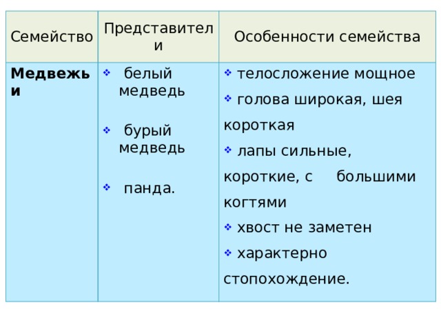Семейство Представители Медвежьи  белый медведь Особенности семейства  телосложение мощное  голова широкая, шея короткая  лапы сильные, короткие, с большими когтями  хвост не заметен  характерно стопохождение.  бурый медведь  панда. 