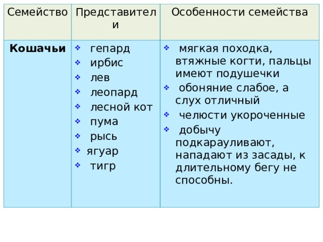 Семейство Кошачьи Представители Особенности семейства  гепард  ирбис  лев  леопард  лесной кот  пума  рысь ягуар  тигр  мягкая походка, втяжные когти, пальцы имеют подушечки  обоняние слабое, а слух отличный  челюсти укороченные  добычу подкарауливают, нападают из засады, к длительному бегу не способны. 