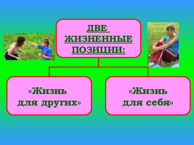 ДВЕ  ЖИЗНЕННЫЕ  ПОЗИЦИИ: «Жизнь для других» «Жизнь для себя» 