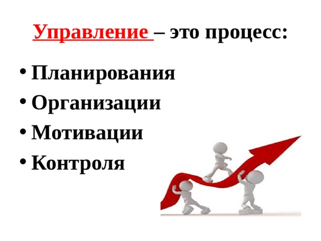 Управление – это процесс: Планирования Организации Мотивации Контроля 