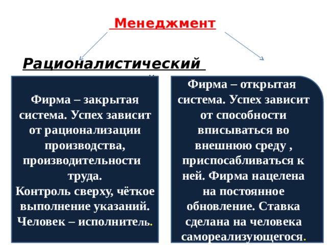   Менеджмент Рационалистический  ситуационный Фирма – закрытая система. Успех зависит от рационализации производства, производительности труда. Фирма – открытая система. Успех зависит от способности вписываться во внешнюю среду , приспосабливаться к ней. Фирма нацелена на постоянное обновление. Ставка сделана на человека самореализующегося . Контроль сверху, чёткое выполнение указаний. Человек – исполните ль . 