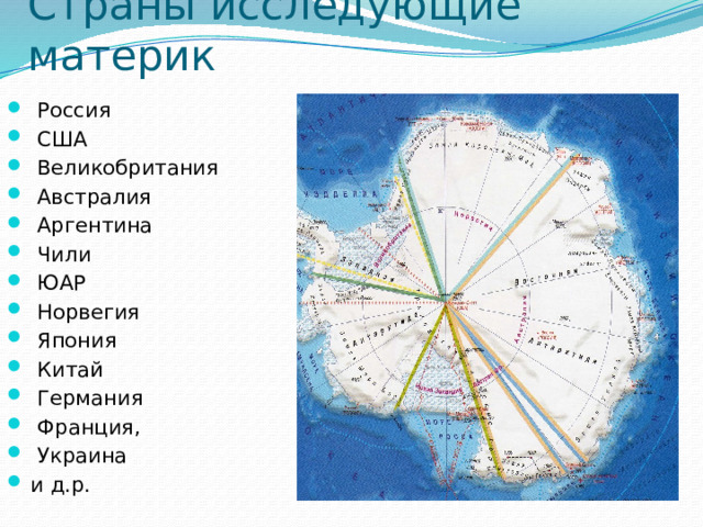 Страны исследующие материк  Россия  США  Великобритания  Австралия  Аргентина  Чили  ЮАР  Норвегия  Япония  Китай  Германия  Франция,  Украина  и д.р. 
