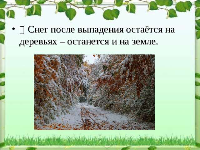  Снег после выпадения остаётся на деревьях – останется и на земле.  