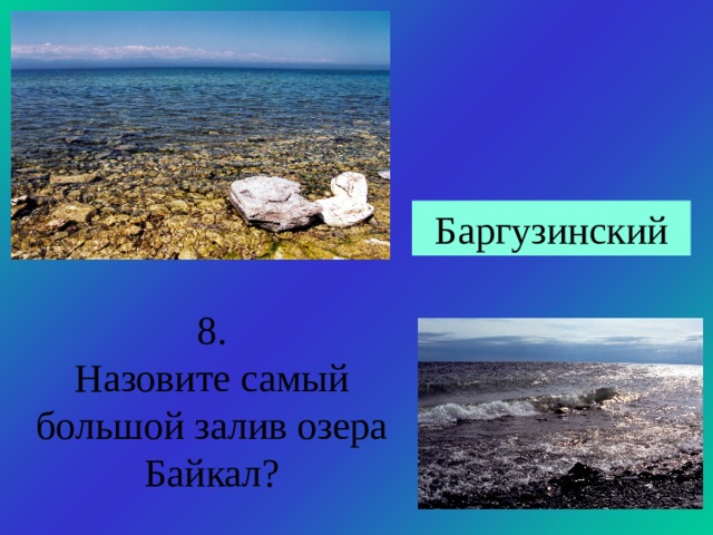 Баргузинский 8. Назовите самый большой залив озера Байкал? 