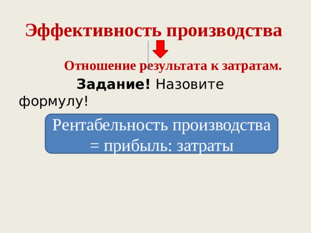 Эффективность производства  Отношение результата к затратам.  Задание! Назовите формулу! Рентабельность производства = прибыль: затраты 