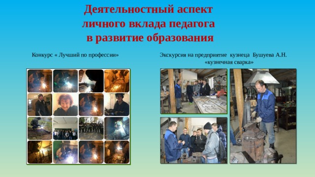 Деятельностный аспект  личного вклада педагога  в развитие образования   Конкурс « Лучший по профессии» Экскурсия на предприятие кузнеца Бушуева А.Н.  «кузнечная сварка» 